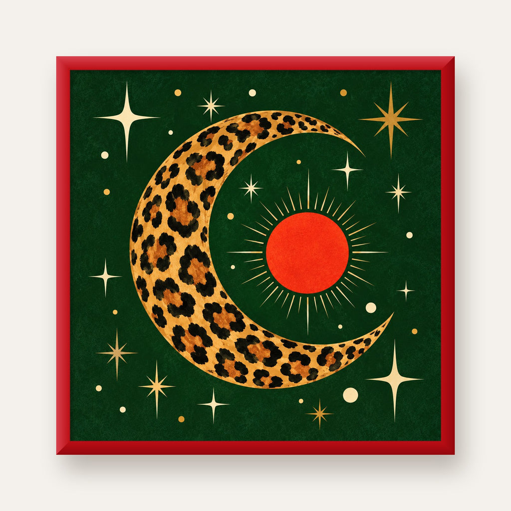 Leopar Desenli Hilal Ay ve Güneş Retro Poster — kırmızı çerçeveli
