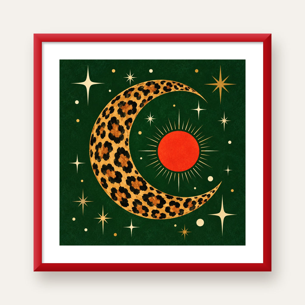 Leopar Desenli Hilal Ay ve Güneş Retro Poster — kırmızı çerçeveli paspartulu