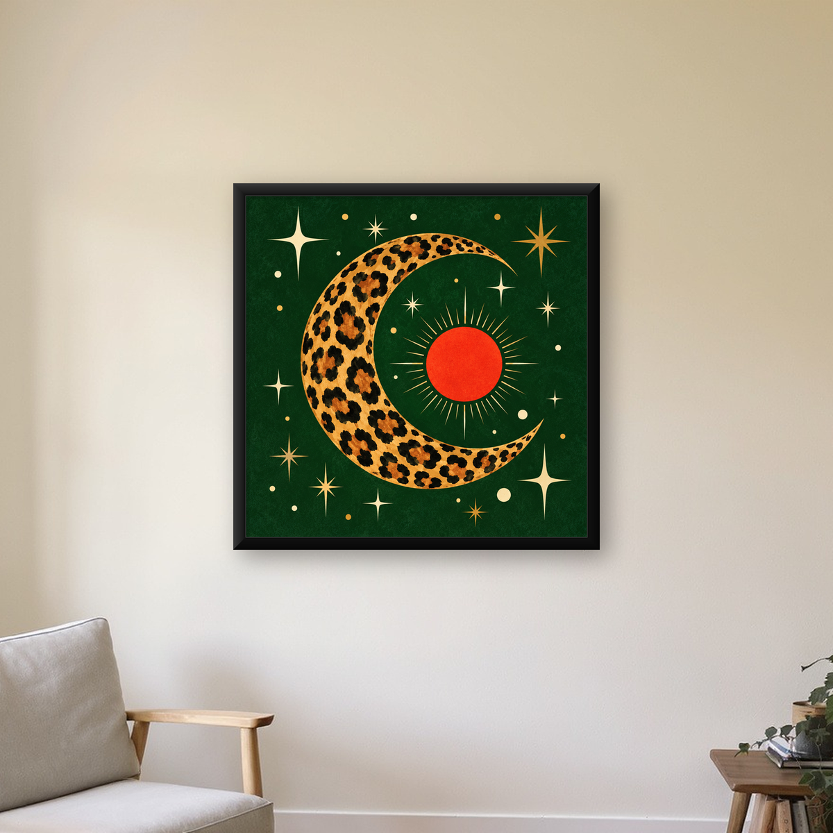 Leopar Desenli Hilal Ay ve Güneş Retro Poster — Kare baskı, çerçeveli hâliyle bir ev duvarında