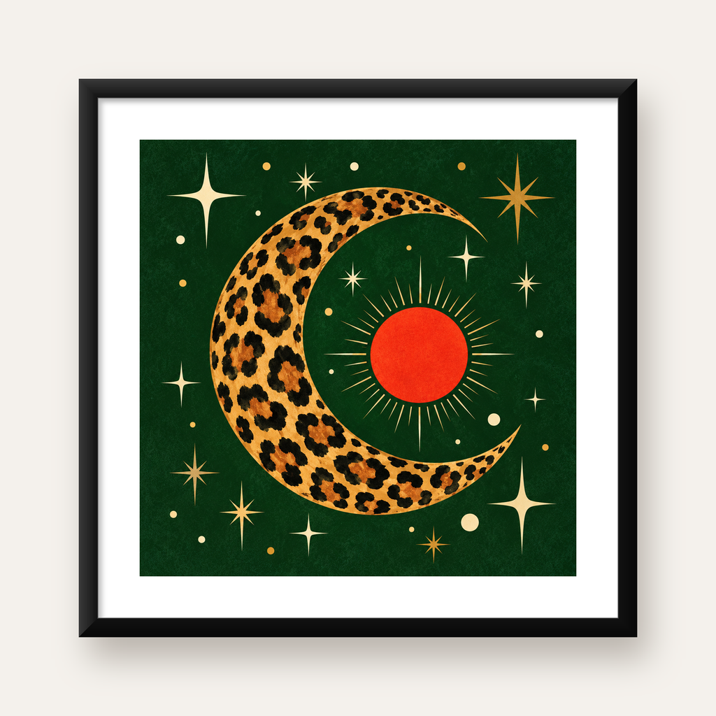 Leopar Desenli Hilal Ay ve Güneş Retro Poster — Kare baskı, beyaz paspartulu