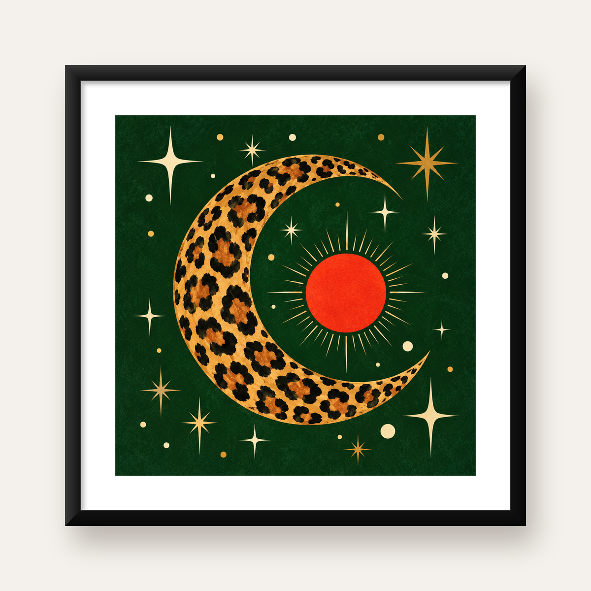 Leopar Desenli Hilal Ay ve Güneş Retro Poster — Kare baskı, beyaz paspartulu