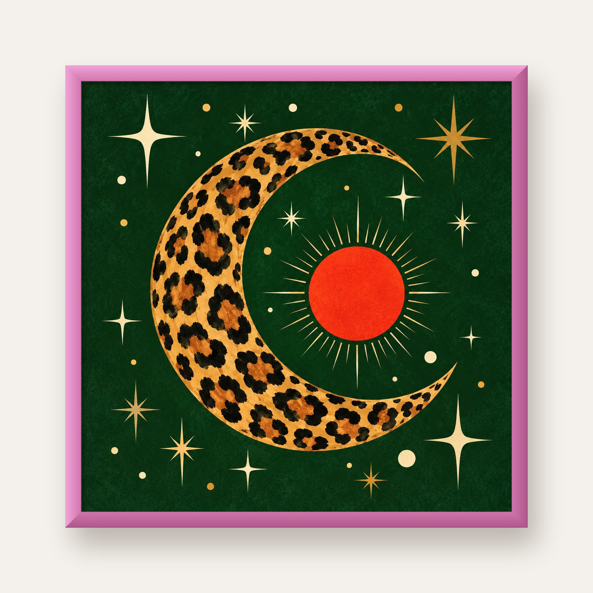 Leopar Desenli Hilal Ay ve Güneş Retro Poster — pembe çerçeveli