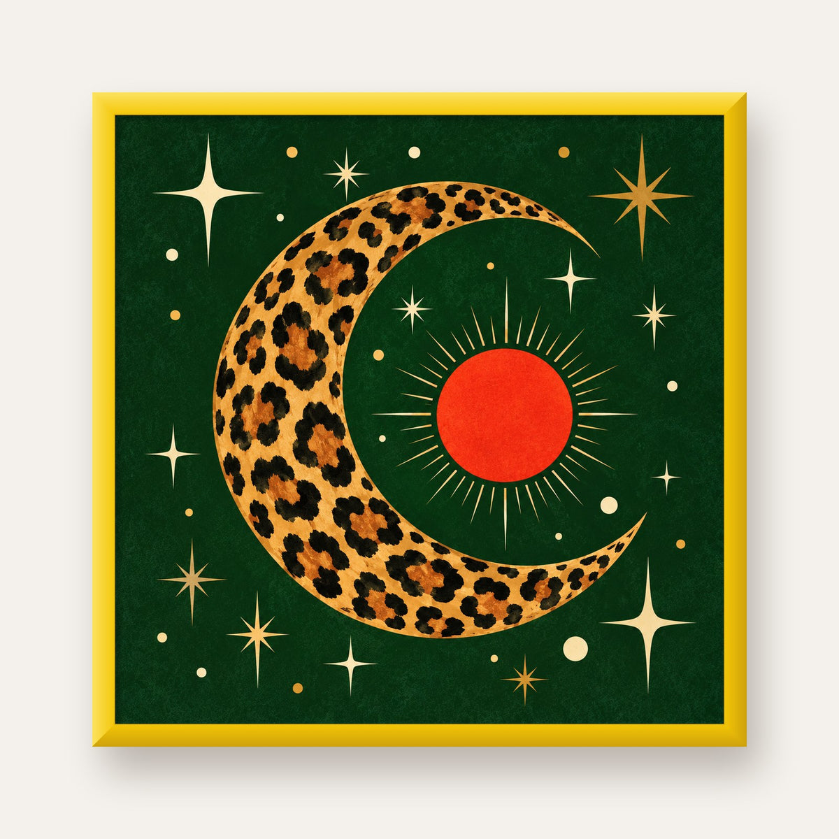 Leopar Desenli Hilal Ay ve Güneş Retro Poster — sarı çerçeveli
