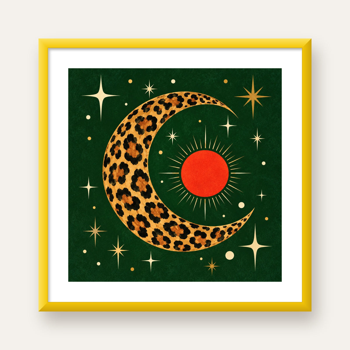 Leopar Desenli Hilal Ay ve Güneş Retro Poster — sarı çerçeveli paspartulu