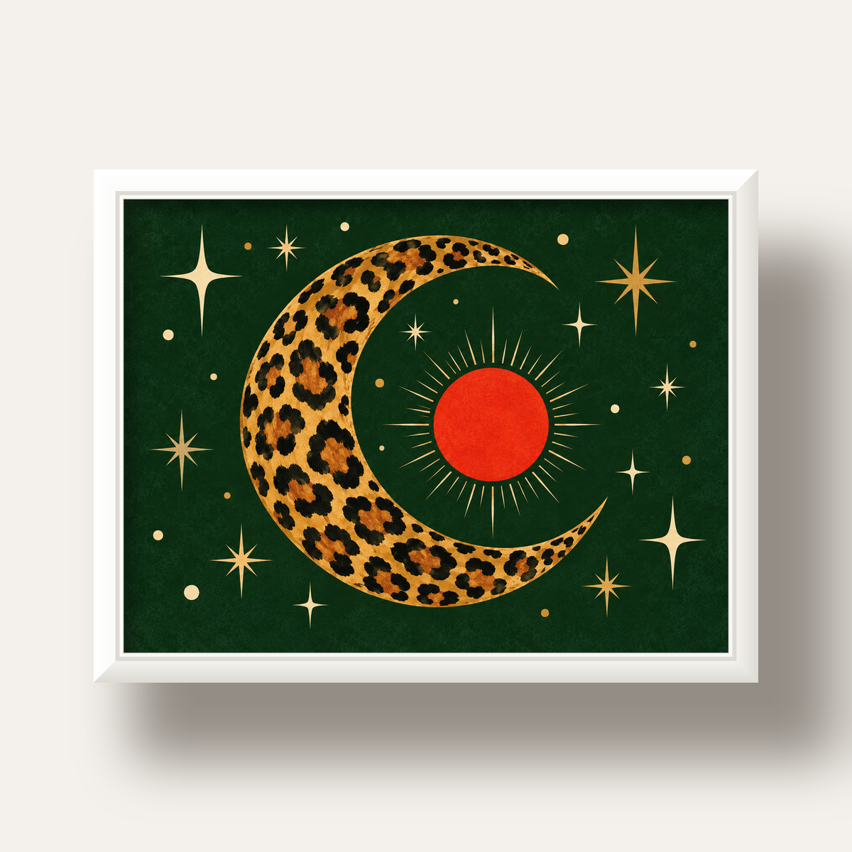 Leopar Desenli Hilal Ay ve Güneş Retro Poster — beyaz derin çerçeveli