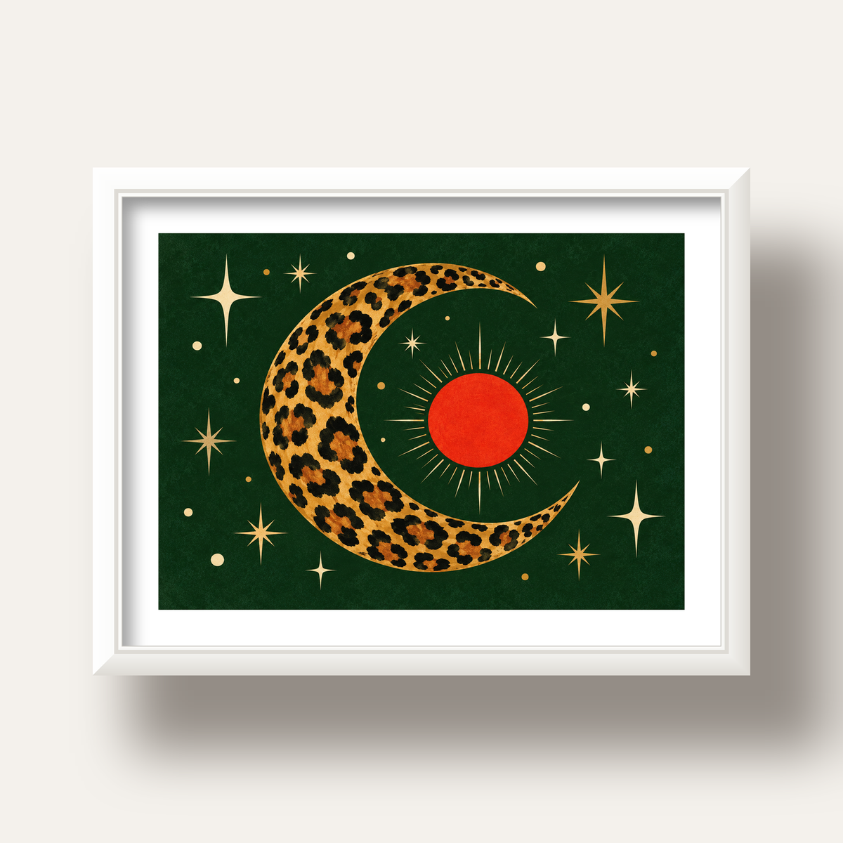 Leopar Desenli Hilal Ay ve Güneş Retro Poster — beyaz derin çerçeveli paspartulu