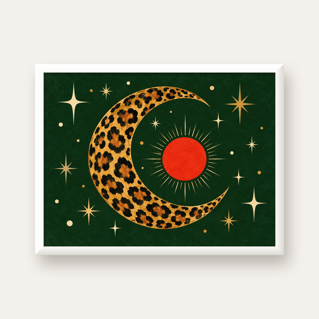 Leopar Desenli Hilal Ay ve Güneş Retro Poster — beyaz çerçeveli yatay poster