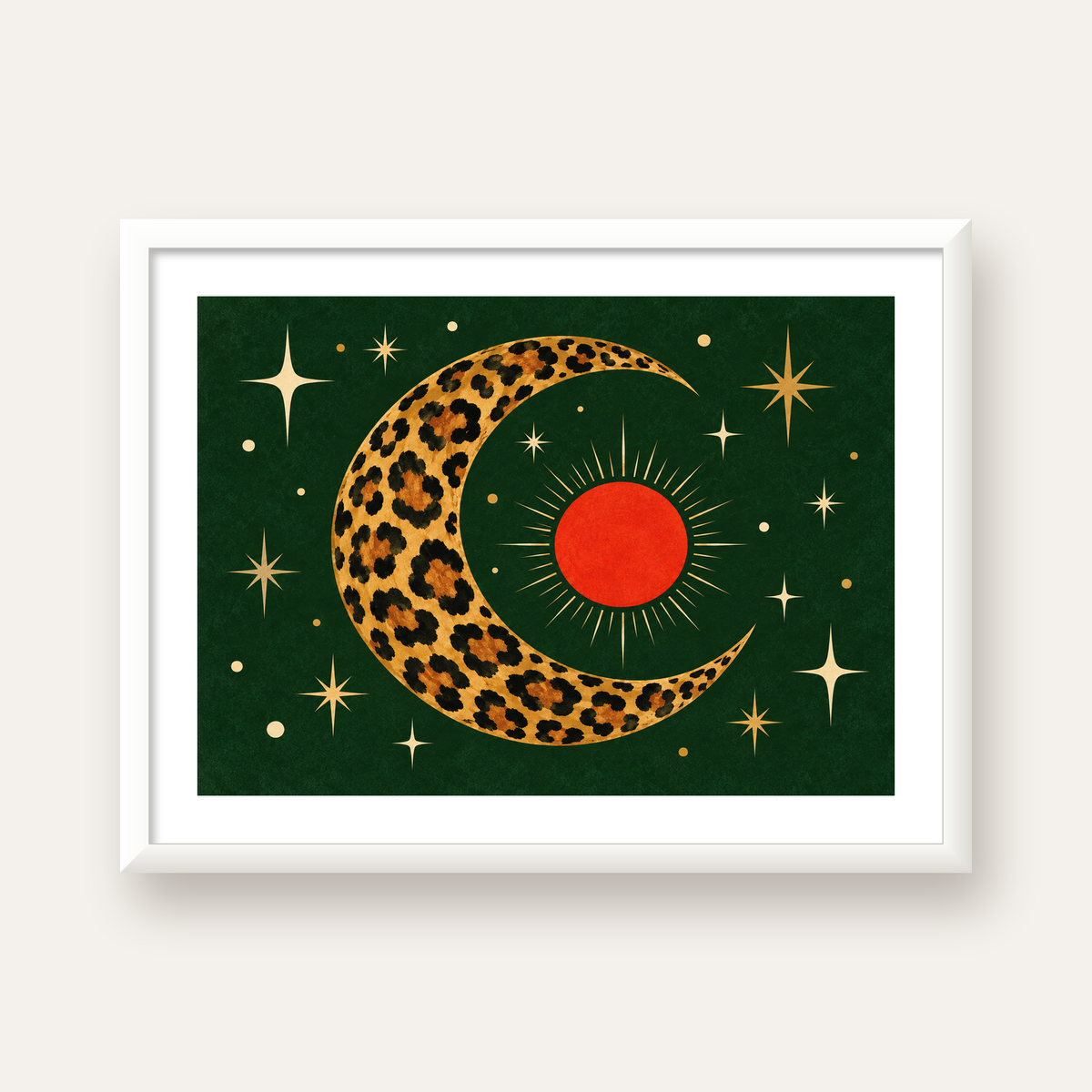 Leopar Desenli Hilal Ay ve Güneş Retro Poster — beyaz çerçeveli yatay poster