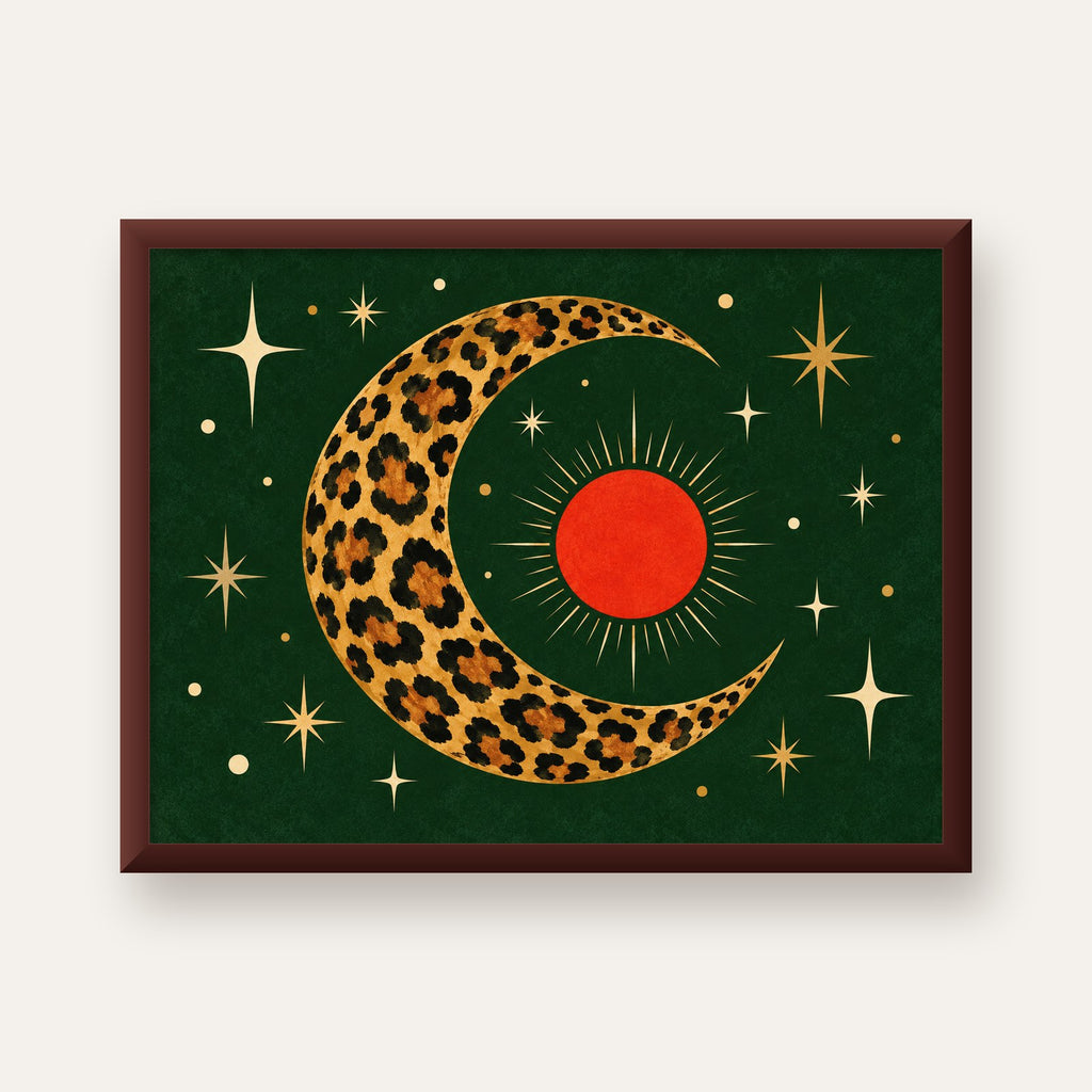 Leopar Desenli Hilal Ay ve Güneş Retro Poster — ceviz çerçeveli