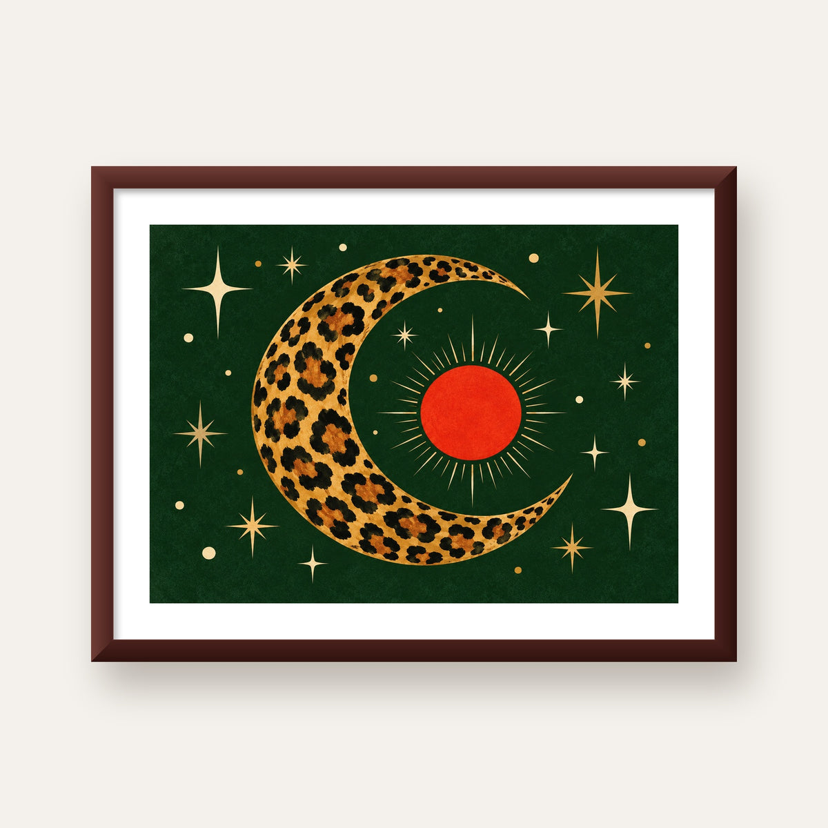 Leopar Desenli Hilal Ay ve Güneş Retro Poster — ceviz çerçeveli paspartulu