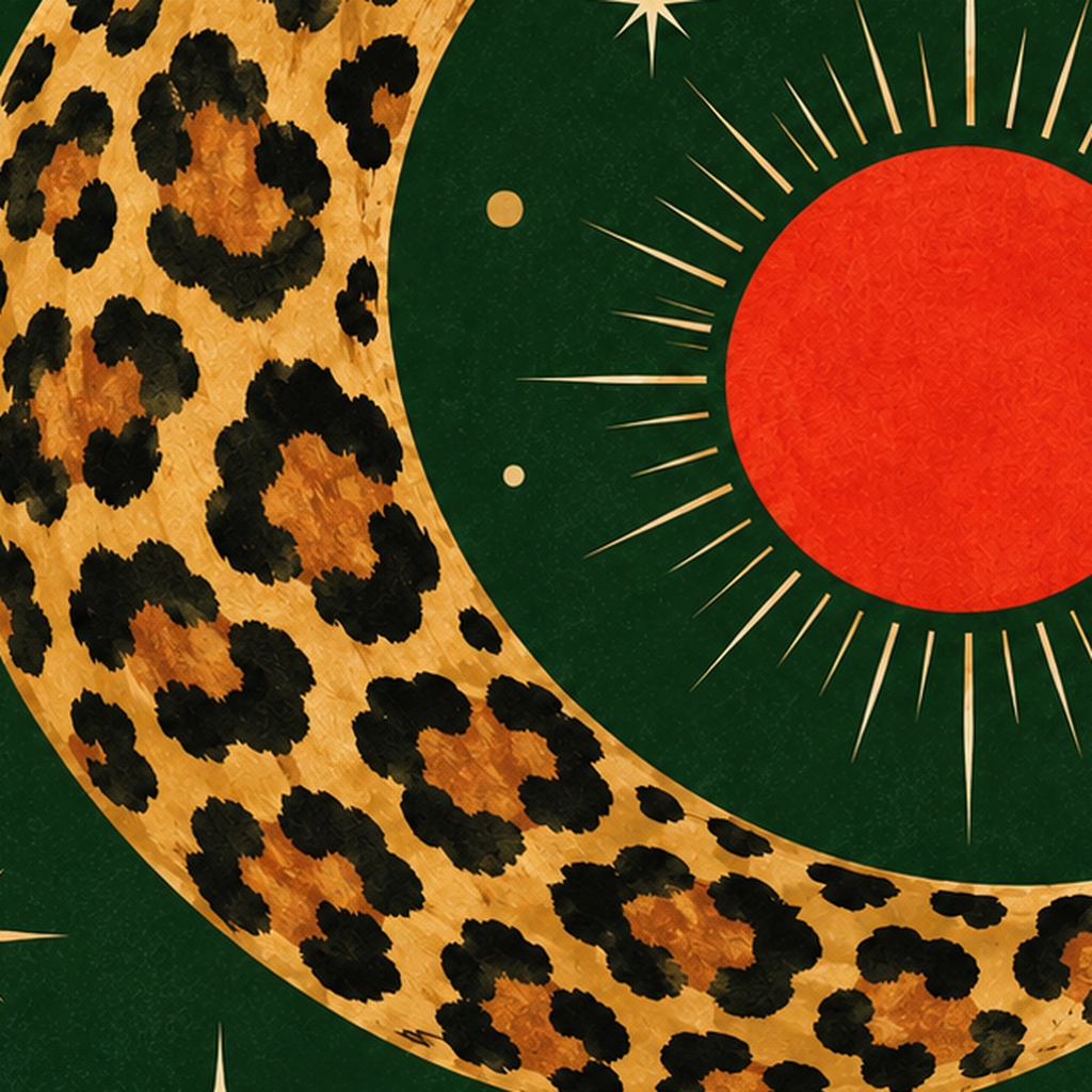 Leopar Desenli Hilal Ay ve Güneş Retro Poster — baskının yakın çekimi, kâğıt dokusu ve renk detayı