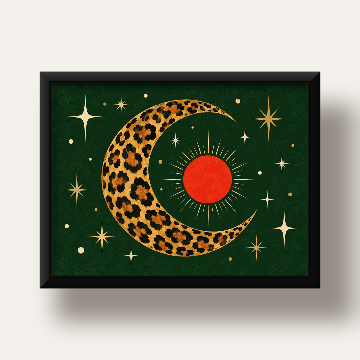 Leopar Desenli Hilal Ay ve Güneş Retro Poster — siyah derin çerçeveli