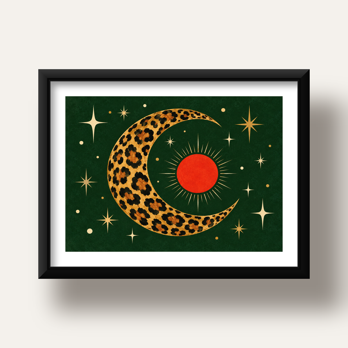 Leopar Desenli Hilal Ay ve Güneş Retro Poster — siyah derin çerçeveli paspartulu