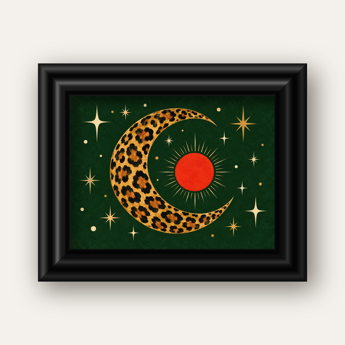 Leopar Desenli Hilal Ay ve Güneş Retro Poster — siyah galeri çerçeveli