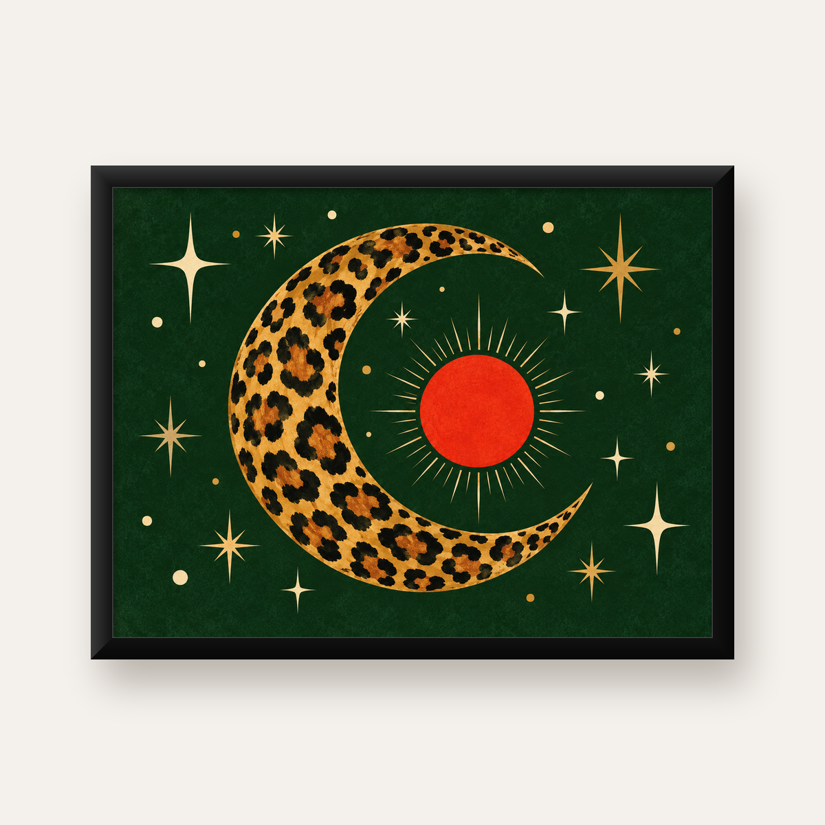 Leopar Desenli Hilal Ay ve Güneş Retro Poster — Yatay baskı, düz siyah çerçeveli duvar posteri