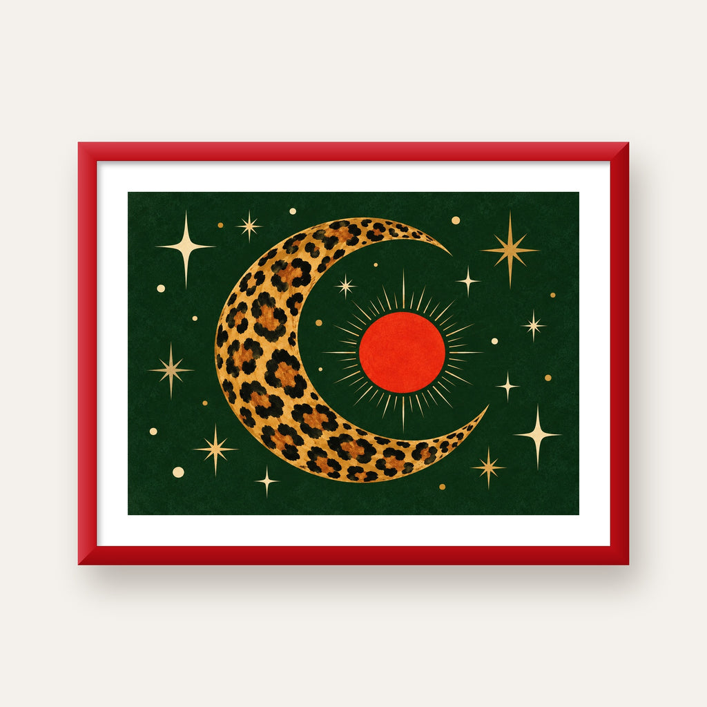 Leopar Desenli Hilal Ay ve Güneş Retro Poster — kırmızı çerçeveli paspartulu