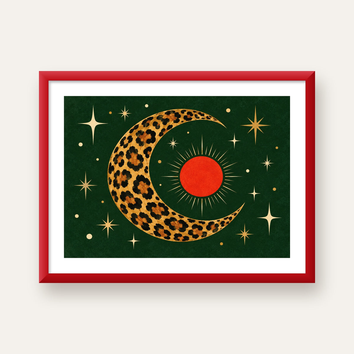 Leopar Desenli Hilal Ay ve Güneş Retro Poster — kırmızı çerçeveli paspartulu