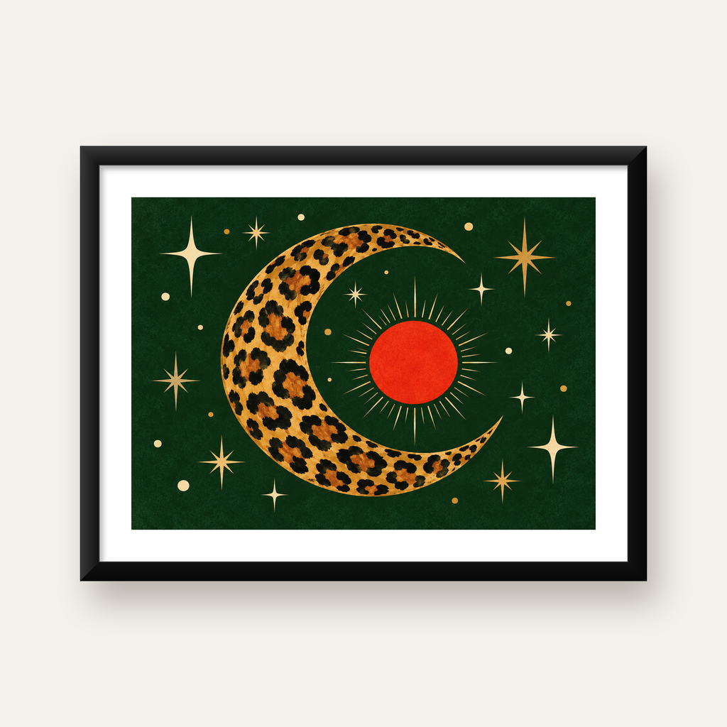 Leopar Desenli Hilal Ay ve Güneş Retro Poster — Yatay baskı, beyaz paspartulu