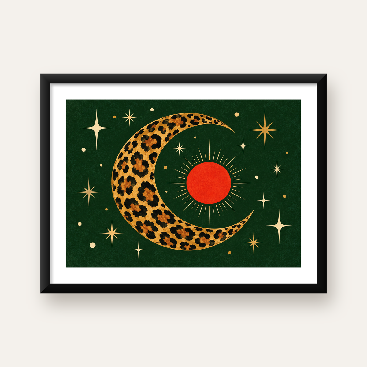 Leopar Desenli Hilal Ay ve Güneş Retro Poster — Yatay baskı, beyaz paspartulu