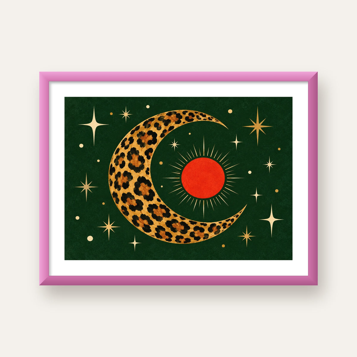 Leopar Desenli Hilal Ay ve Güneş Retro Poster — pembe çerçeveli paspartulu