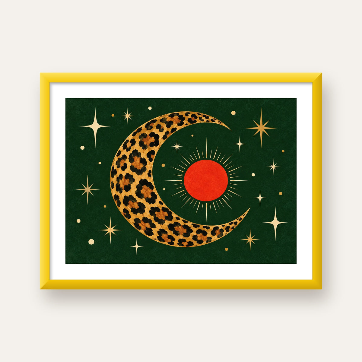 Leopar Desenli Hilal Ay ve Güneş Retro Poster — sarı çerçeveli paspartulu