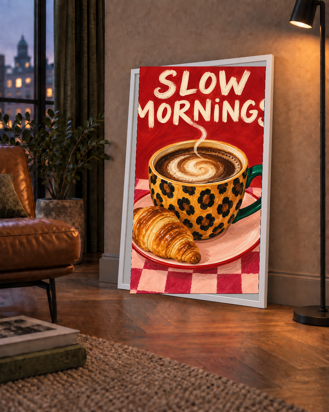 Kahve ve Kruvasan Sabahi Poster – SLOW MORNINGS Sanat Baskisi