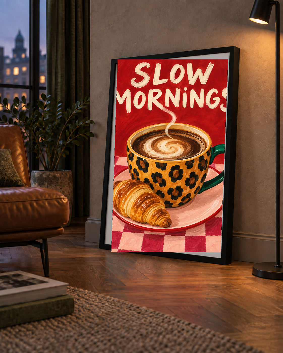 Kahve ve Kruvasan Sabahi Poster – SLOW MORNINGS Sanat Baskisi