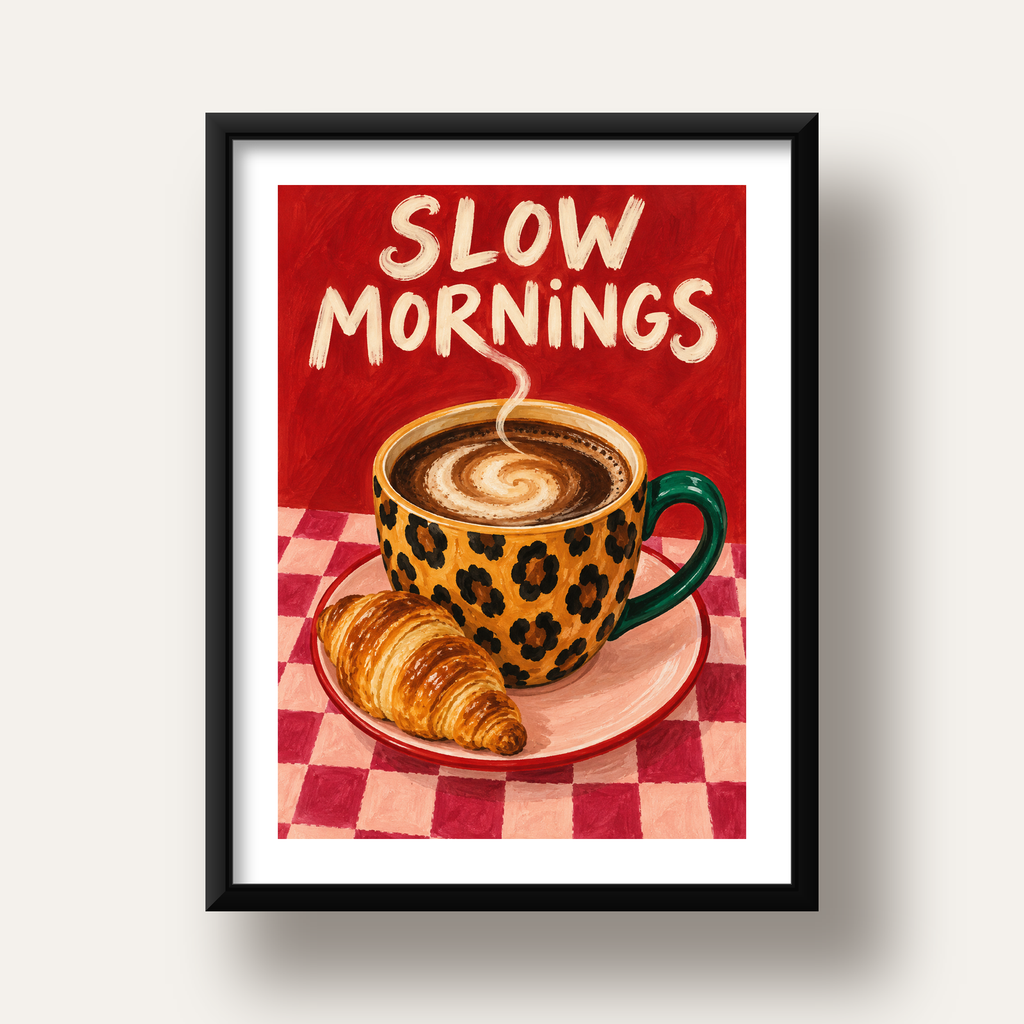Kahve ve Kruvasan Sabahi Poster – SLOW MORNINGS Sanat Baskisi — siyah derin çerçeveli paspartulu
