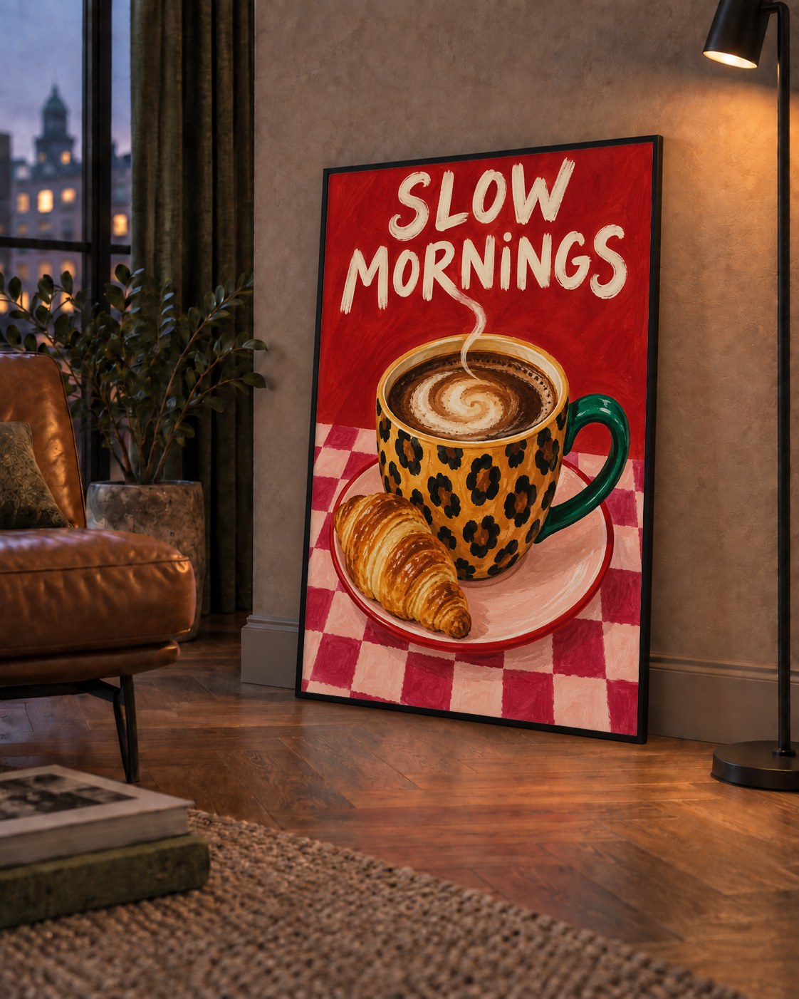 Kahve ve Kruvasan Sabahi Poster – SLOW MORNINGS Sanat Baskisi — çerçeveli hâliyle bir ev duvarında