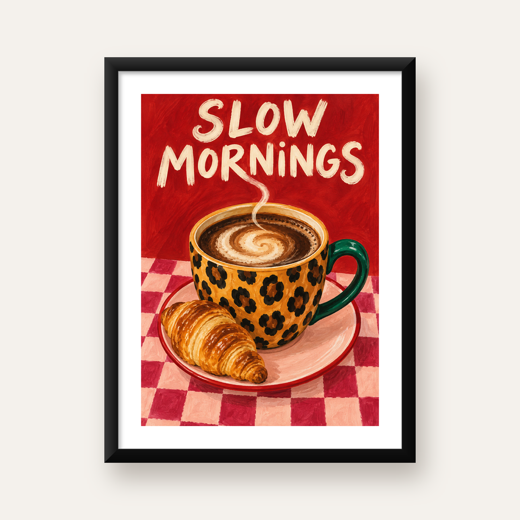 Kahve ve Kruvasan Sabahi Poster – SLOW MORNINGS Sanat Baskisi — Dikey baskı, beyaz paspartulu