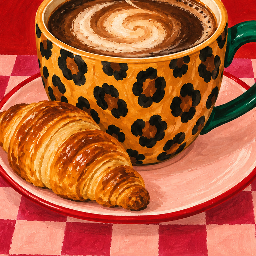 Kahve ve Kruvasan Sabahi Poster – SLOW MORNINGS Sanat Baskisi — baskının yakın çekimi, kâğıt dokusu ve renk detayı