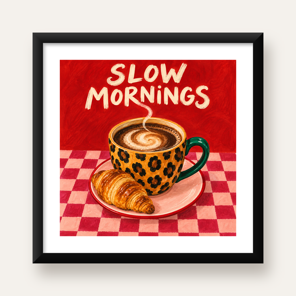 Kahve ve Kruvasan Sabahi Poster – SLOW MORNINGS Sanat Baskisi — Kare baskı, beyaz paspartulu