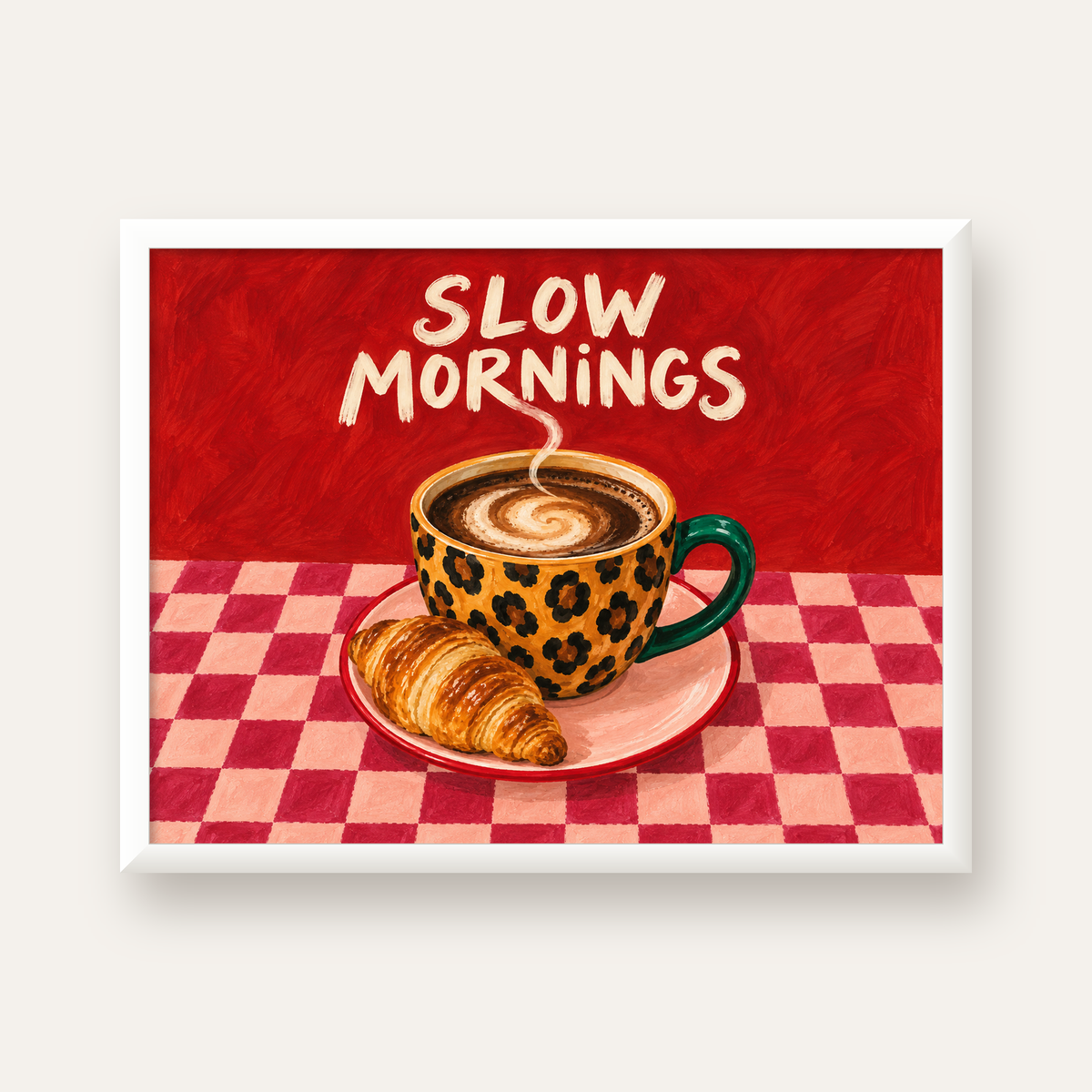 Kahve ve Kruvasan Sabahi Poster – SLOW MORNINGS Sanat Baskisi — beyaz çerçeveli yatay poster