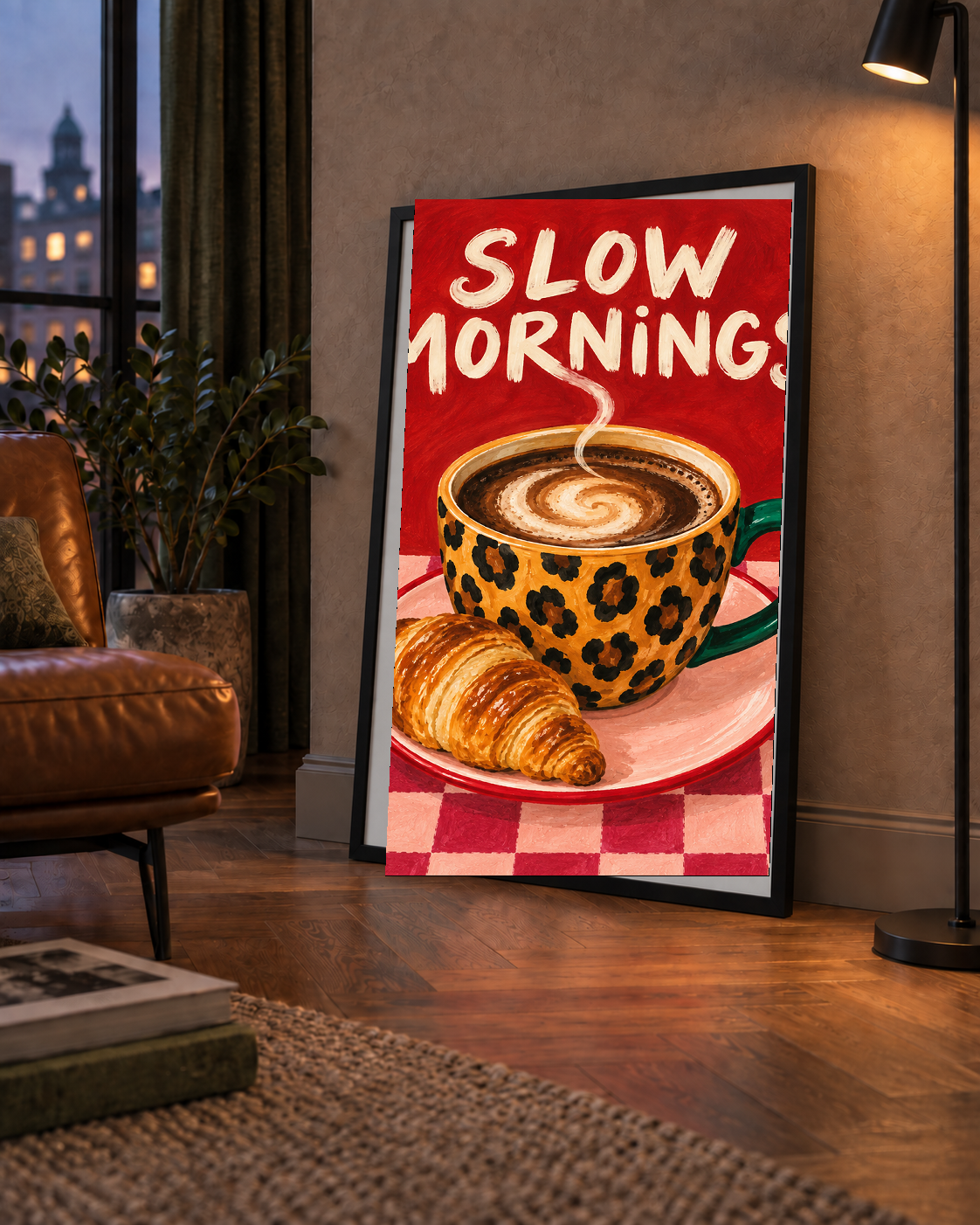 Kahve ve Kruvasan Sabahi Poster – SLOW MORNINGS Sanat Baskisi