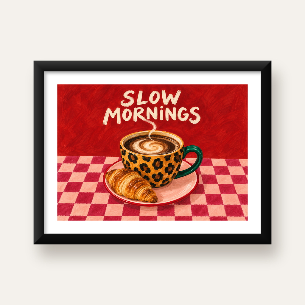 Kahve ve Kruvasan Sabahi Poster – SLOW MORNINGS Sanat Baskisi — Yatay baskı, beyaz paspartulu