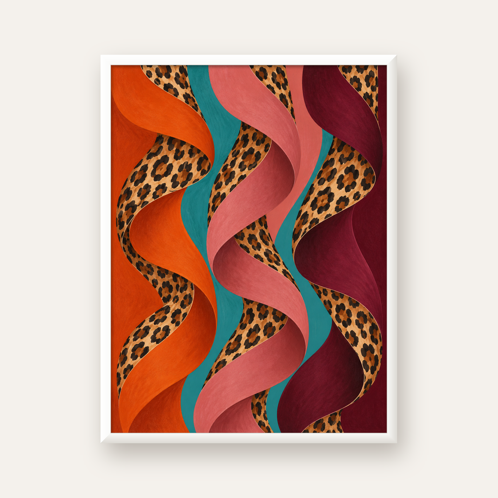 Leopar Desenli Soyut Şeritler Dijital Poster — beyaz çerçeveli dikey poster