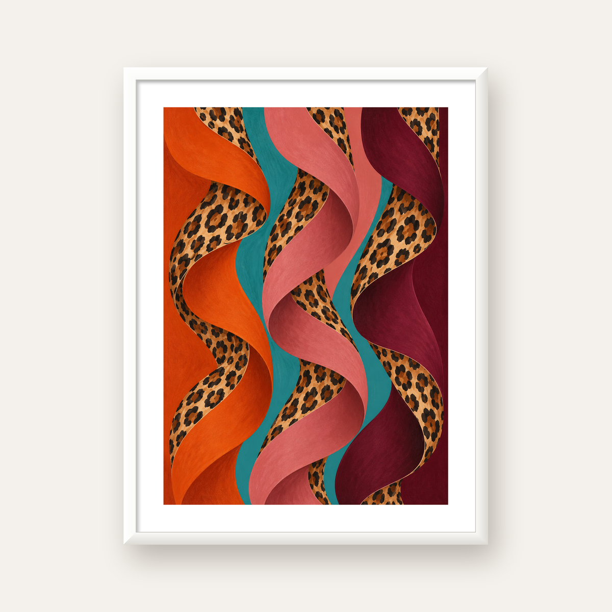 Leopar Desenli Soyut Şeritler Dijital Poster — beyaz çerçeveli dikey poster