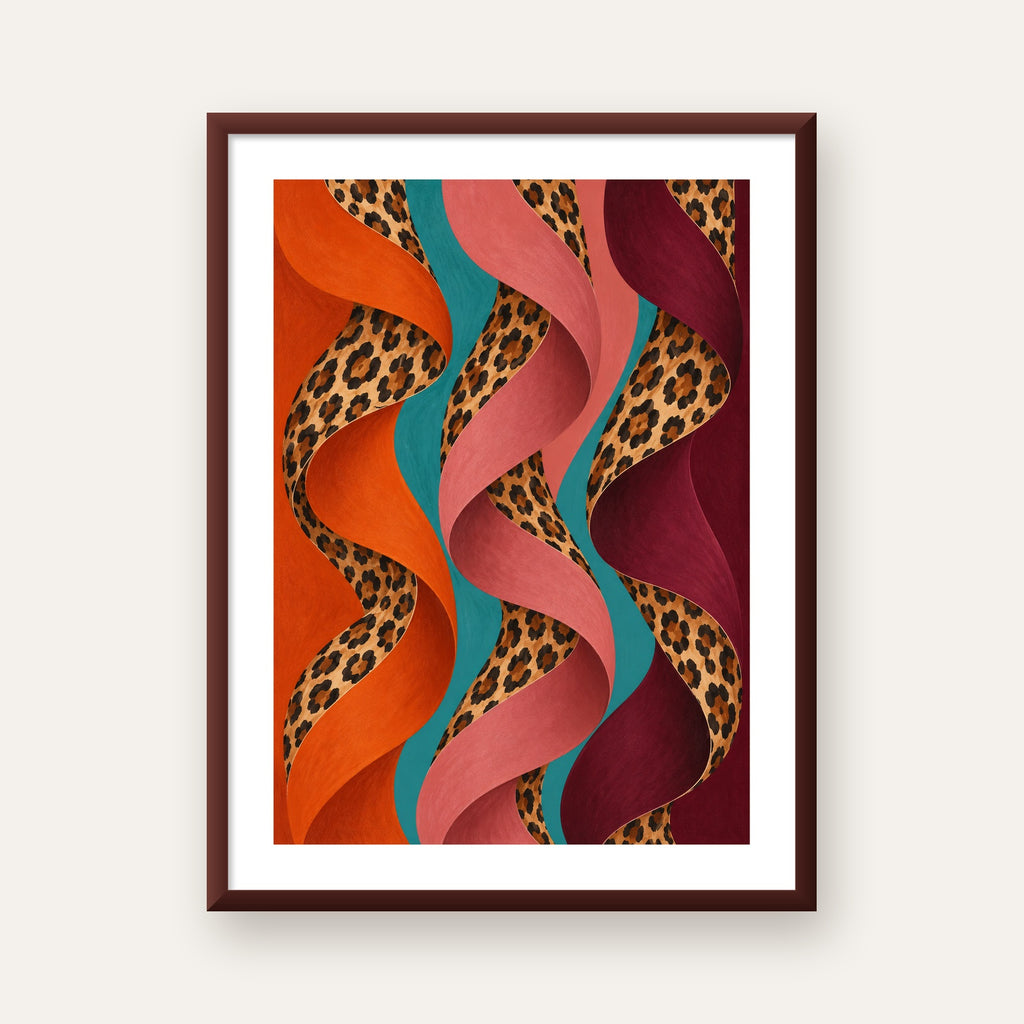 Leopar Desenli Soyut Şeritler Dijital Poster — ceviz çerçeveli paspartulu