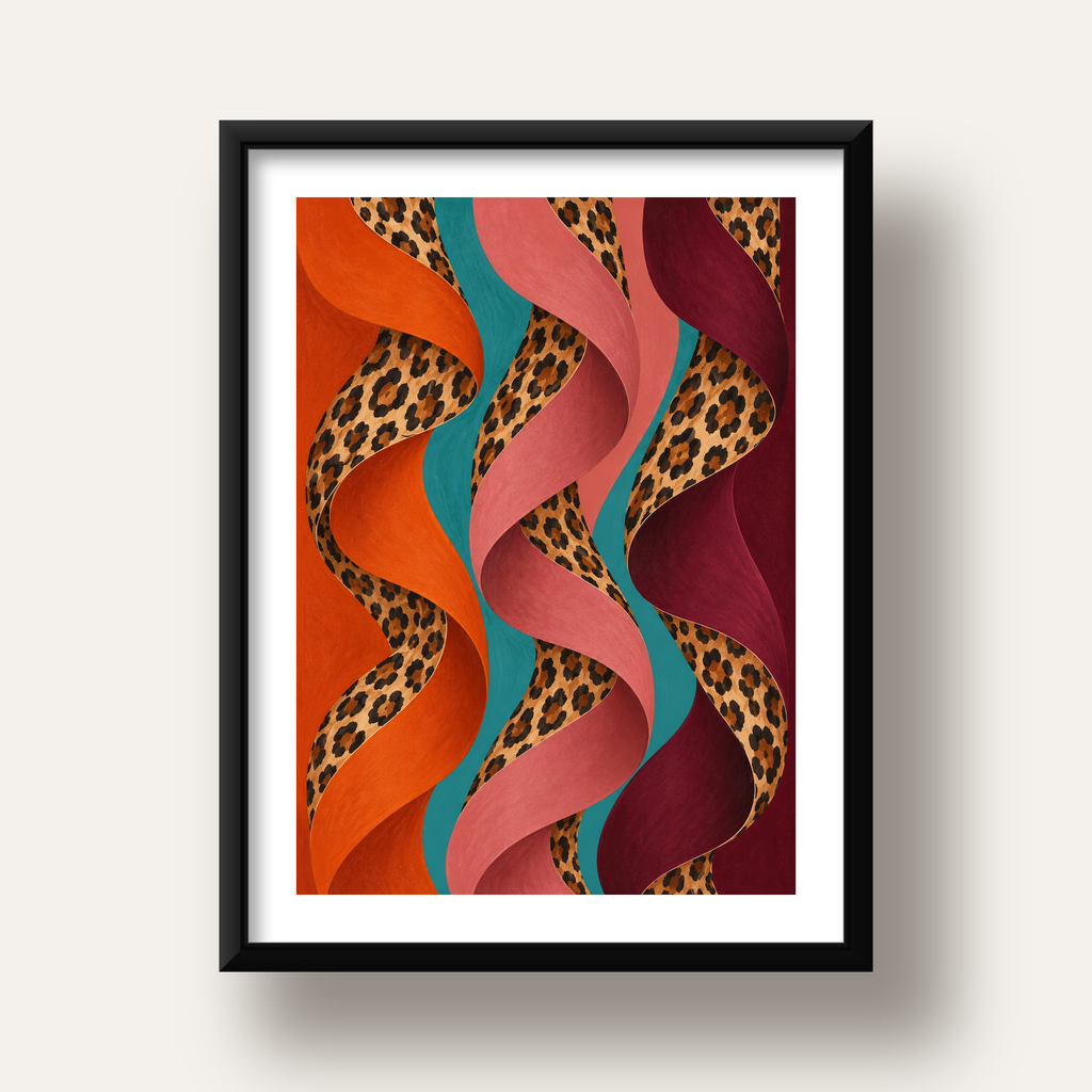 Leopar Desenli Soyut Şeritler Dijital Poster — siyah derin çerçeveli paspartulu