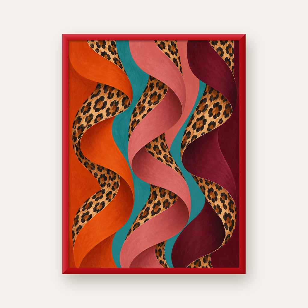 Leopar Desenli Soyut Şeritler Dijital Poster — kırmızı çerçeveli