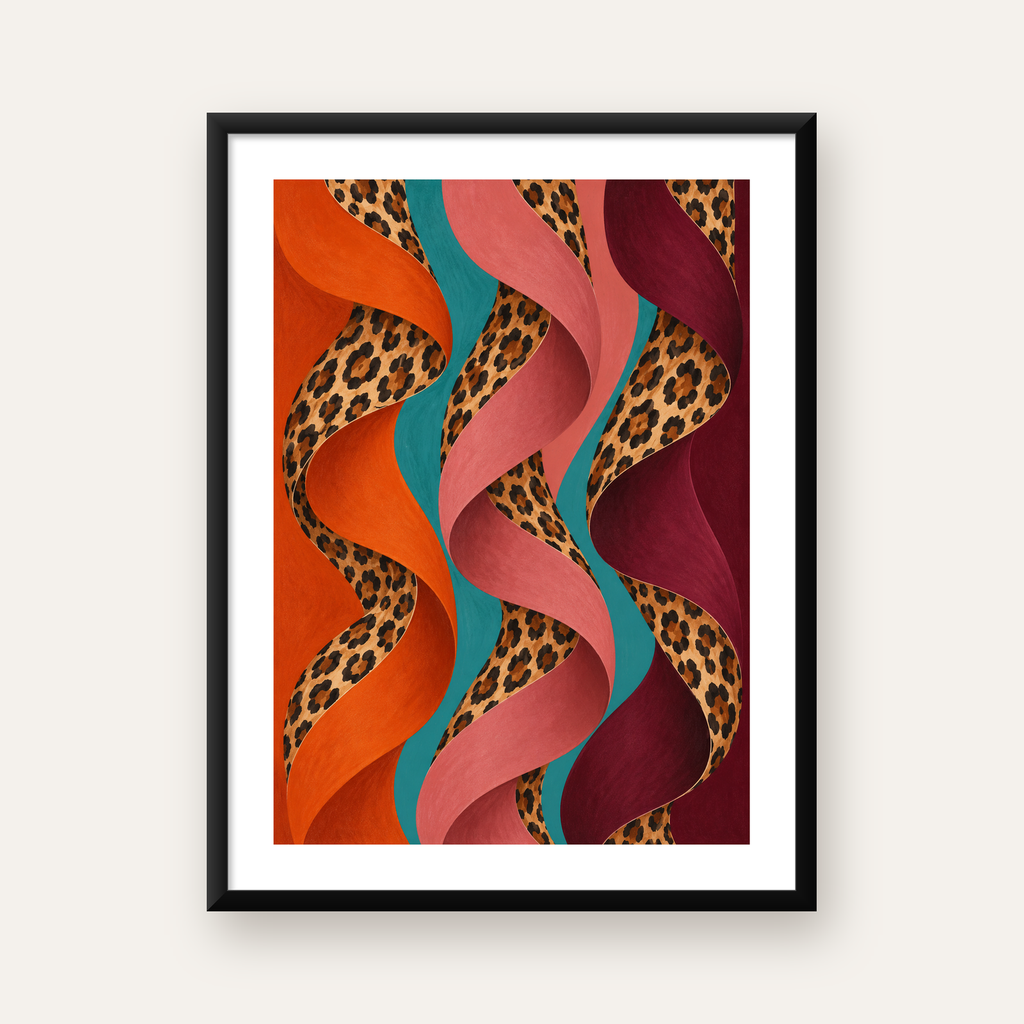 Leopar Desenli Soyut Şeritler Dijital Poster — Dikey baskı, beyaz paspartulu