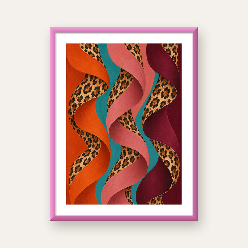 Leopar Desenli Soyut Şeritler Dijital Poster — pembe çerçeveli paspartulu