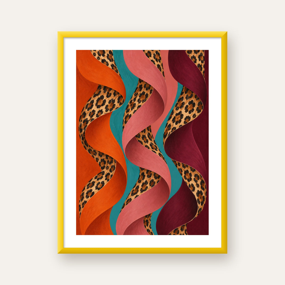 Leopar Desenli Soyut Şeritler Dijital Poster — sarı çerçeveli paspartulu