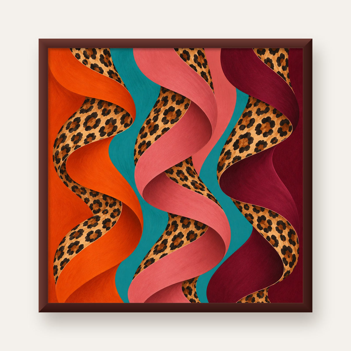 Leopar Desenli Soyut Şeritler Dijital Poster — ceviz çerçeveli