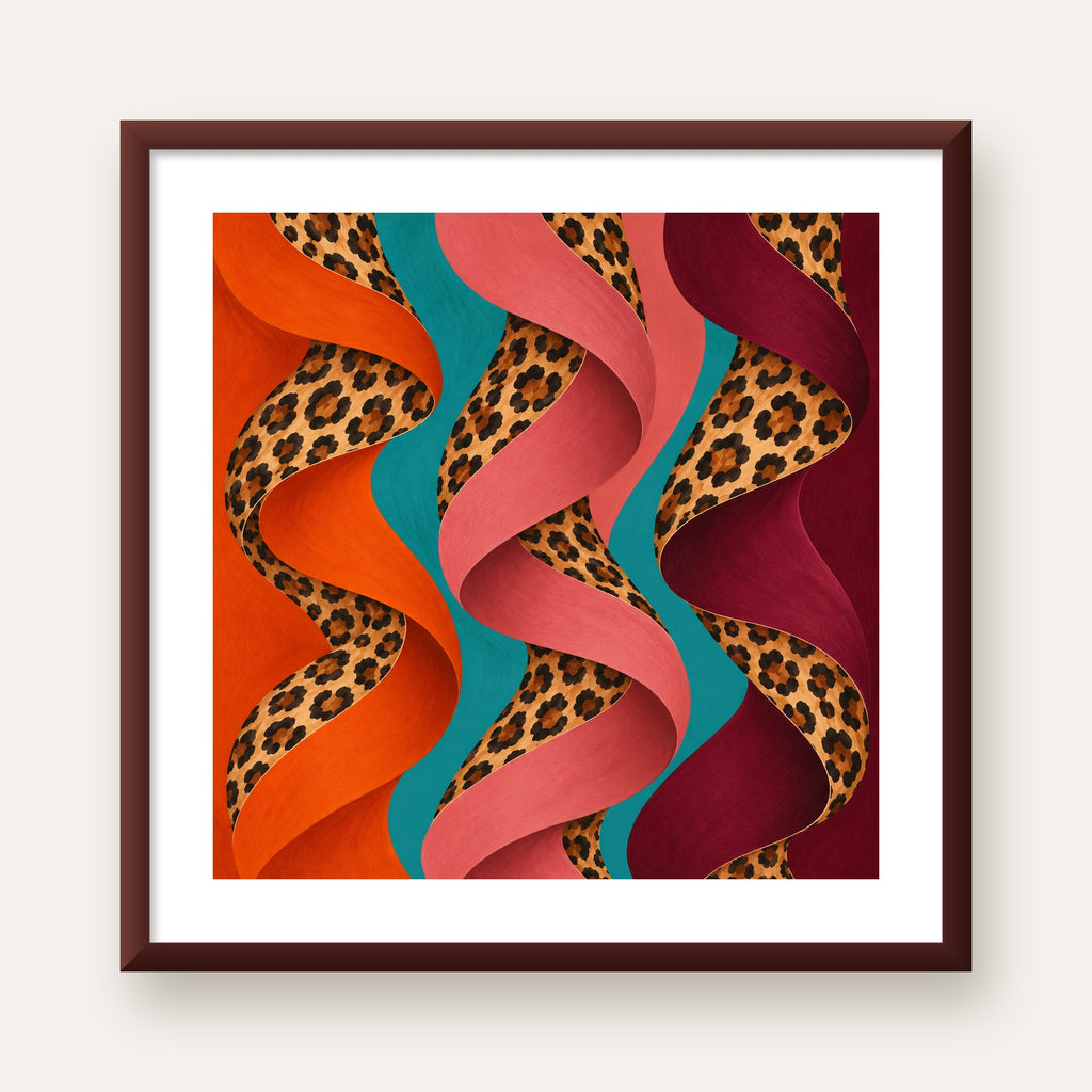 Leopar Desenli Soyut Şeritler Dijital Poster — ceviz çerçeveli paspartulu