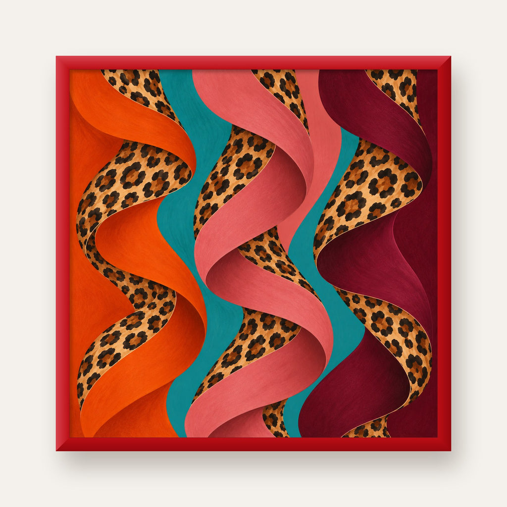 Leopar Desenli Soyut Şeritler Dijital Poster — kırmızı çerçeveli