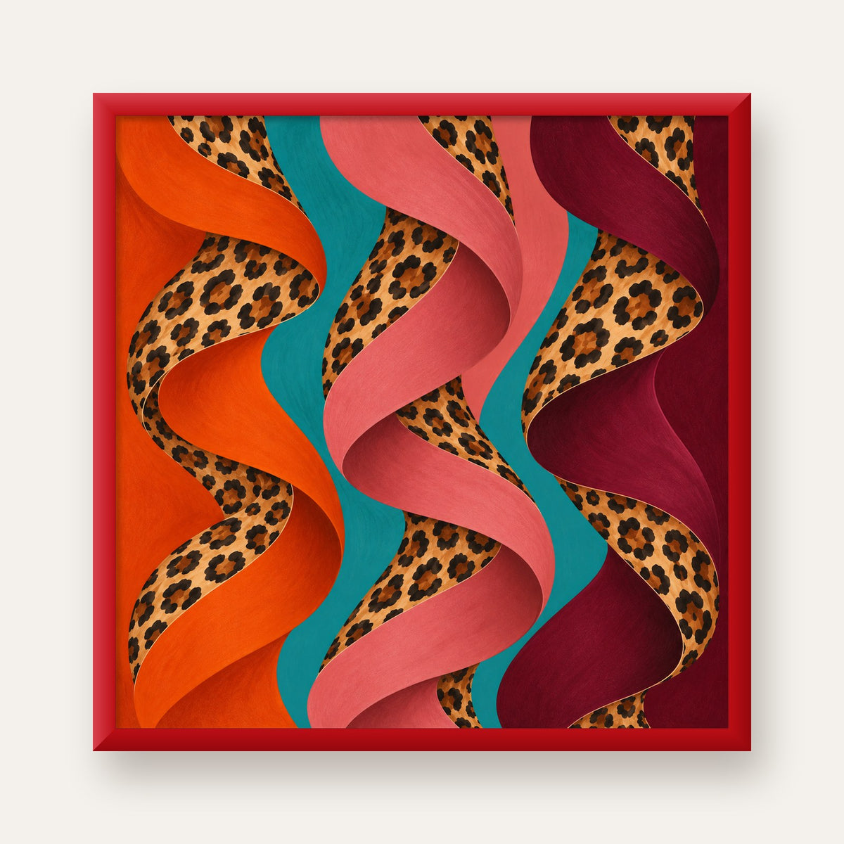 Leopar Desenli Soyut Şeritler Dijital Poster — kırmızı çerçeveli