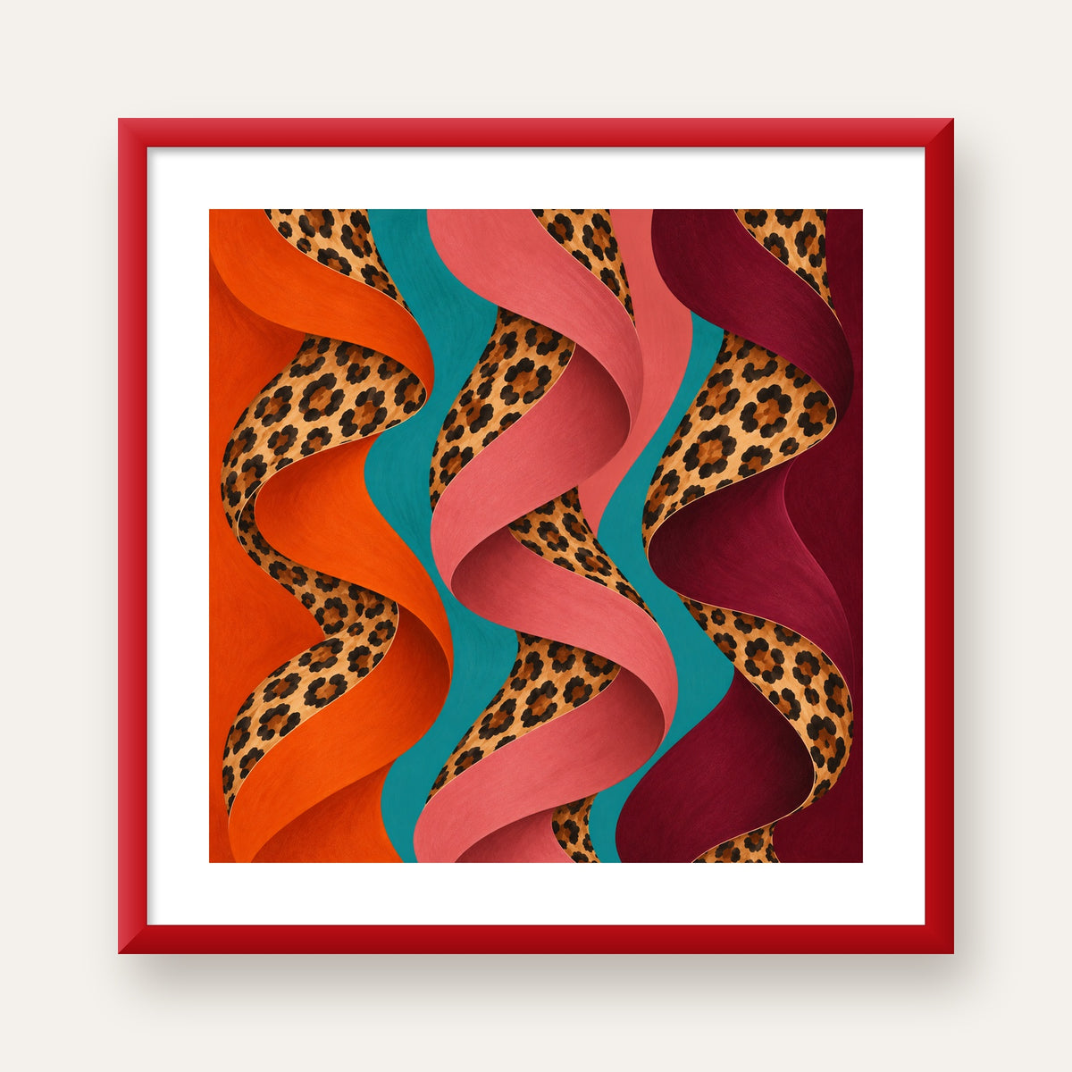Leopar Desenli Soyut Şeritler Dijital Poster — kırmızı çerçeveli paspartulu