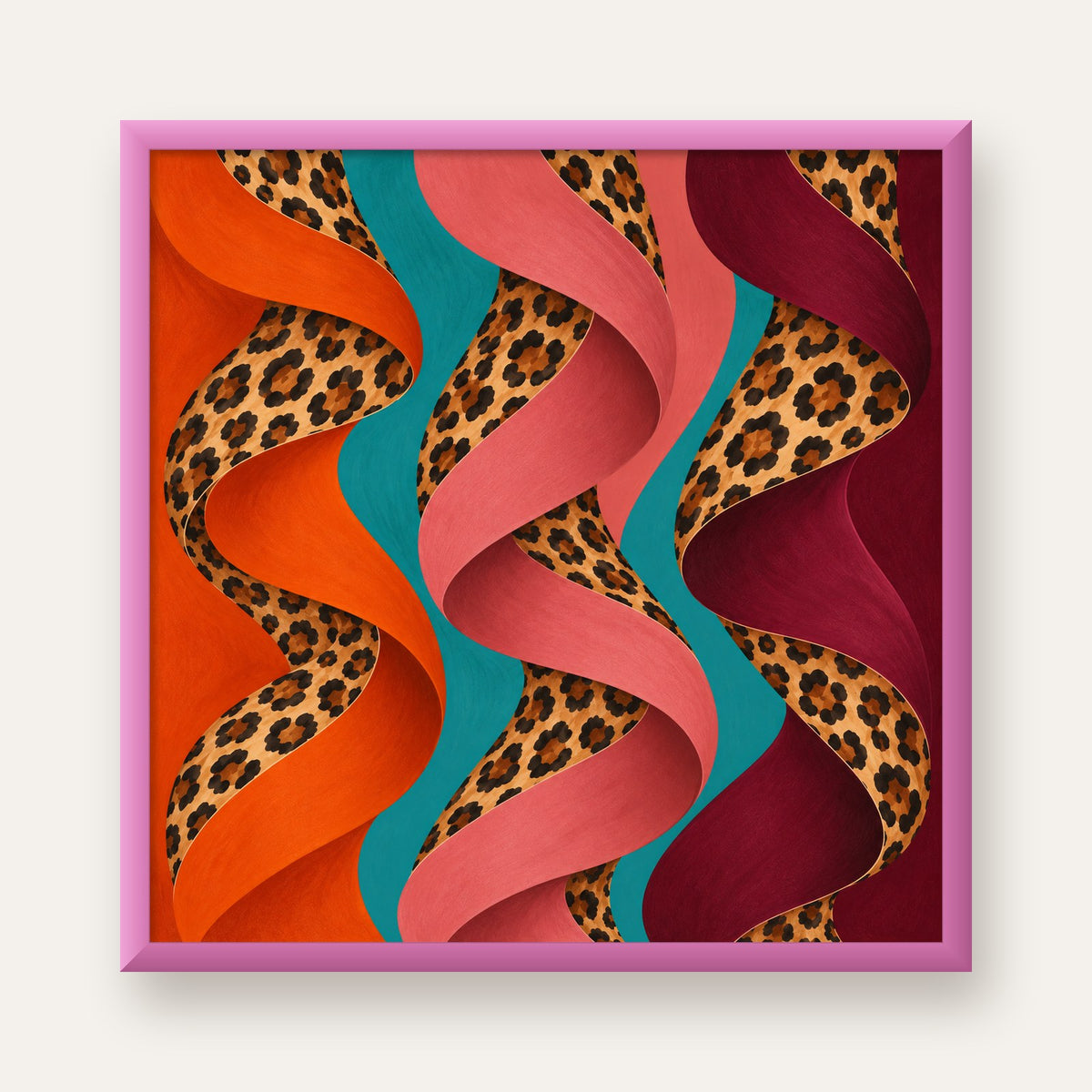 Leopar Desenli Soyut Şeritler Dijital Poster — pembe çerçeveli