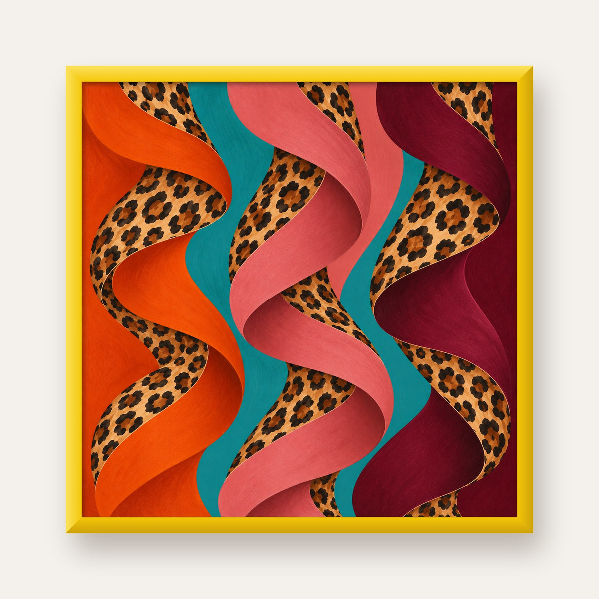 Leopar Desenli Soyut Şeritler Dijital Poster — sarı çerçeveli